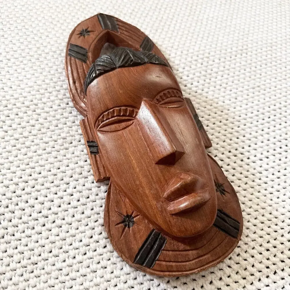 Tribal Primitive Ethnic Long Hand Carved Wooden Face Mask Stars Halo African Vtg